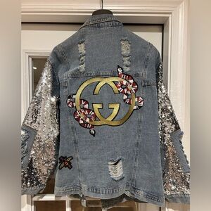 Blue Denim GG Jacket with Silver Sequin Sleeves